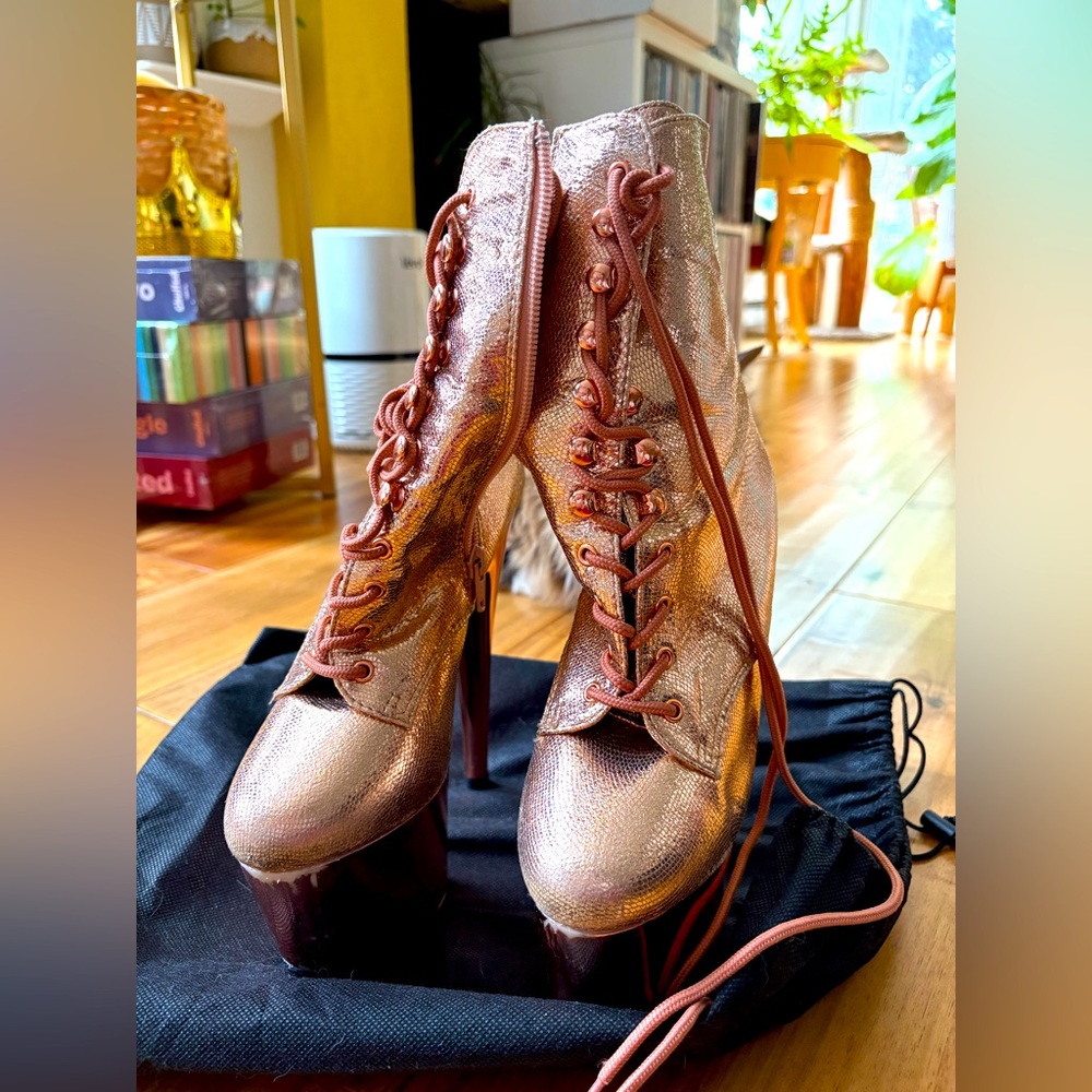 Pleasers 6” Rose Gold Chrome Boots, protector sleeves and box incl